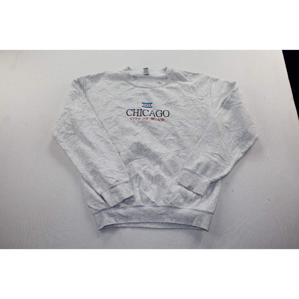 Gildan Men Gray Sweatshirt Long Sleeve Chicago Spellout Long Sleeve Small